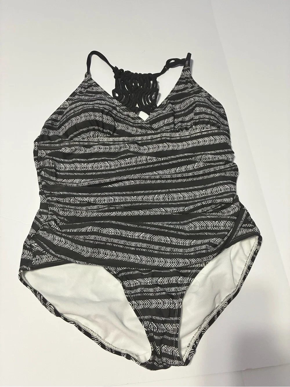 Tahiti Black & White Print One-Piece Swimsuit — Strappy Macramé Back — Size L